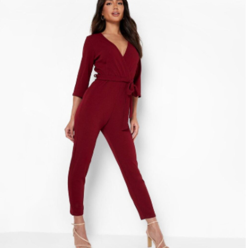 BOOHOO burgundy (or deep red) collared wrap jumpsuit size 4